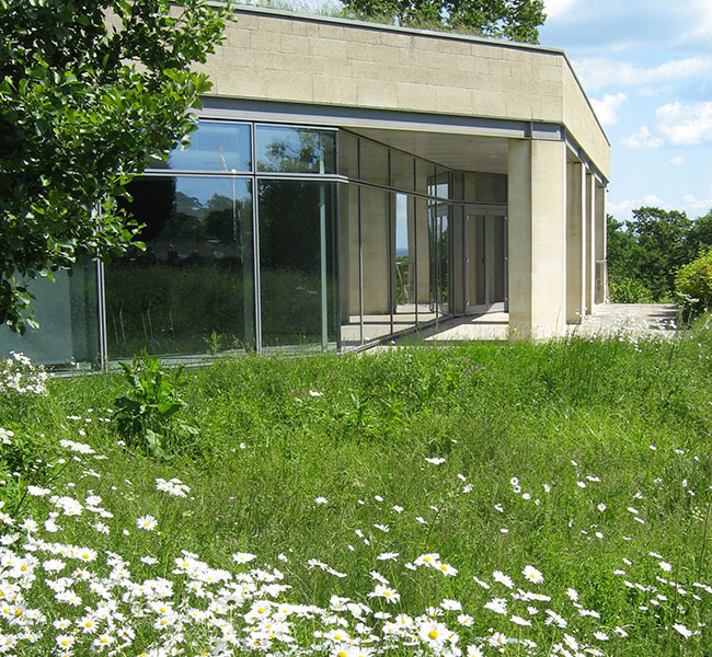 Outside view of the Wessex Water operations centre on a sunny day with daisies surrounding it